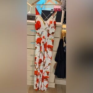 Hot Miami Styles White Jumpsuit with coral red orange Floral Print